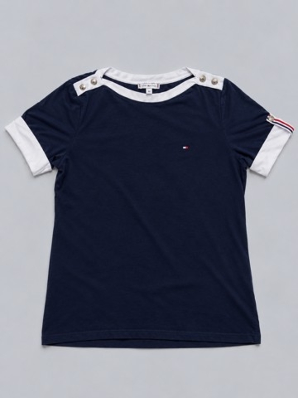 Tommy Hilfiger Womens Navy Short Sleeve Tee with White Trim and Shoulder Buttons